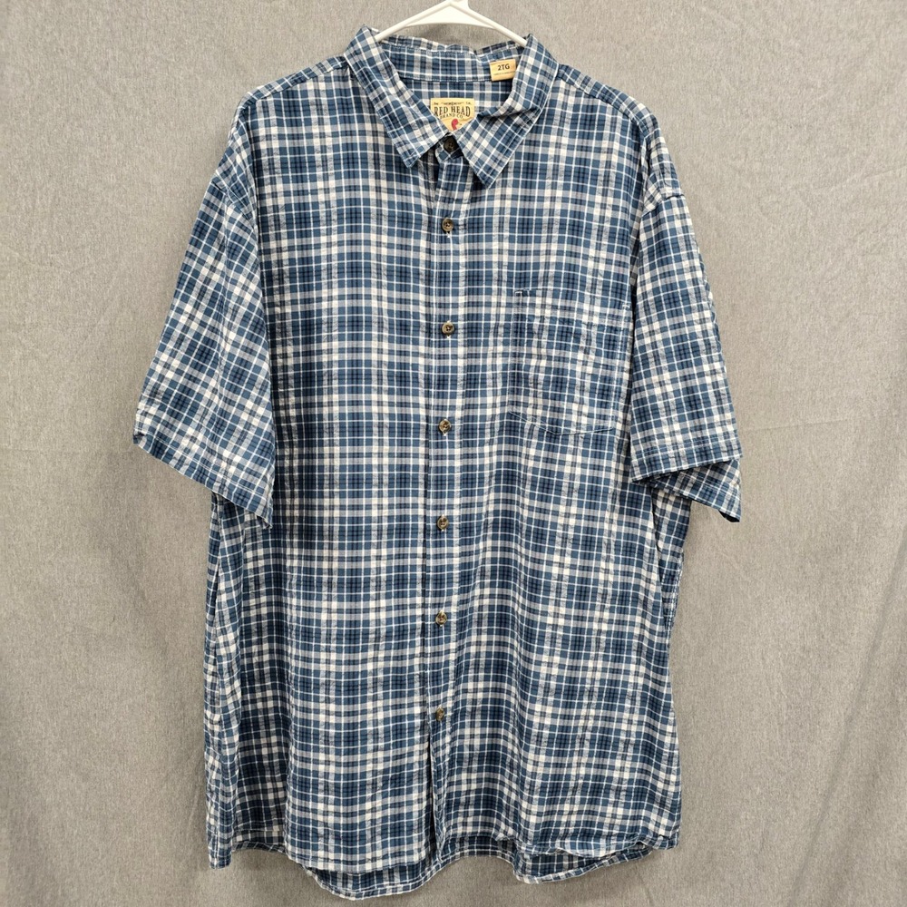 Red Head Brand Co Mens 2XL Blue White Plaid Short Sleeve Button Down Shirt 2TG